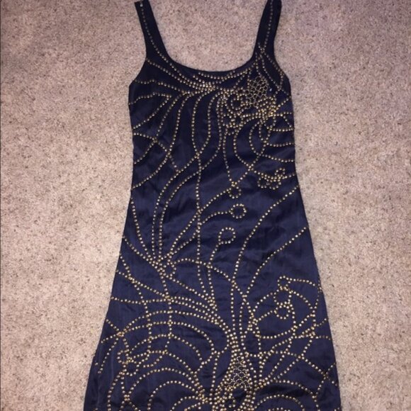 Badgely Mischka Navy Blue Silk Minidress with Gold Embellishments - Picture 4 of 7
